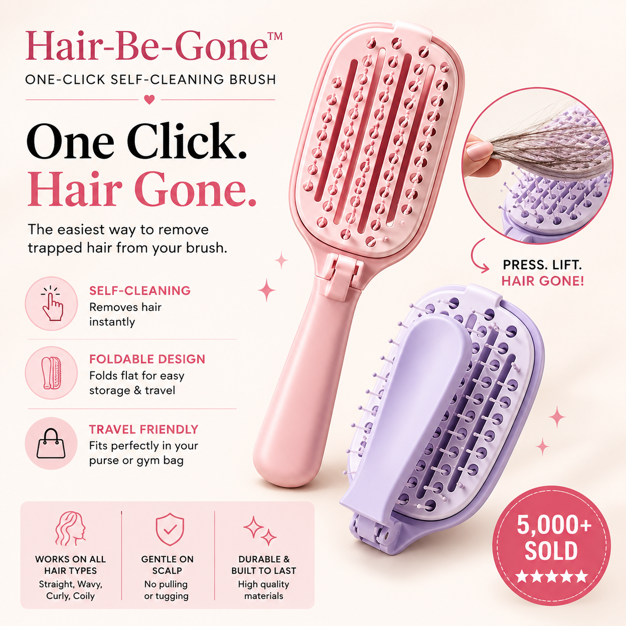 ⭐️⭐️⭐️⭐️⭐️  The Hair-Be Gone™ Self-Cleaning Brush | One-Click Hair Removal Detangling Brush